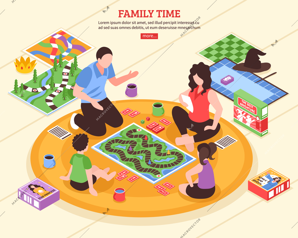 Family pastime scene with parents and kids playing board games on floor isometric vector illustration