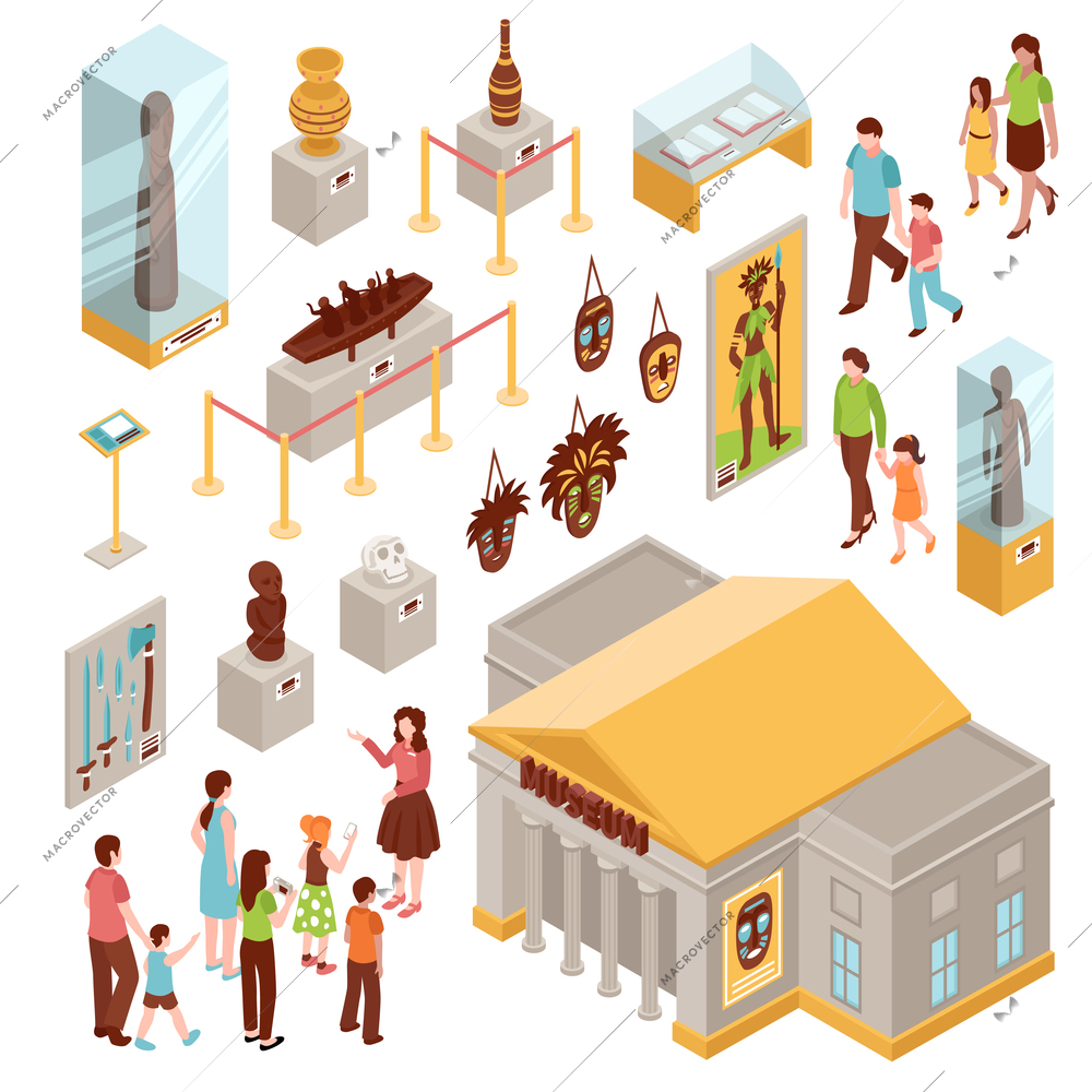 Museum set of isometric icons with building outside, showcases with exposition, visitors at excursion isolated vector illustration