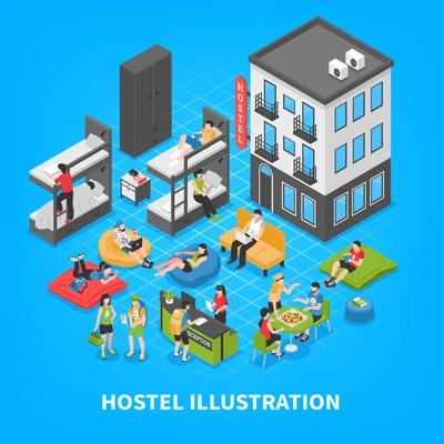 Hostel isometric composition with building outside, bunk beds, reception desk, rest zone on blue background vector illustration