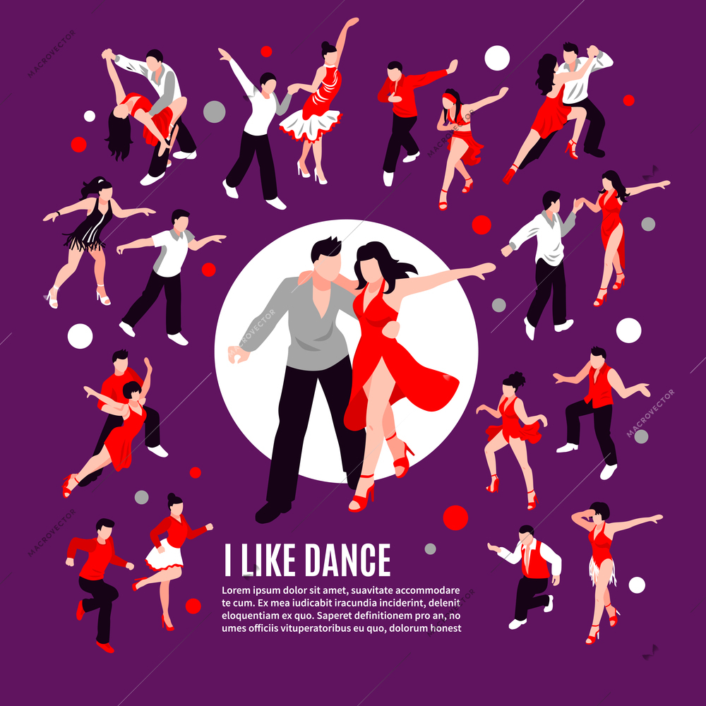 People during dance with partner salsa, rumba, samba, composition on purple background isometric vector illustration