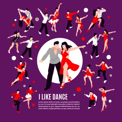 People during dance with partner salsa, rumba, samba, composition on purple background isometric vector illustration