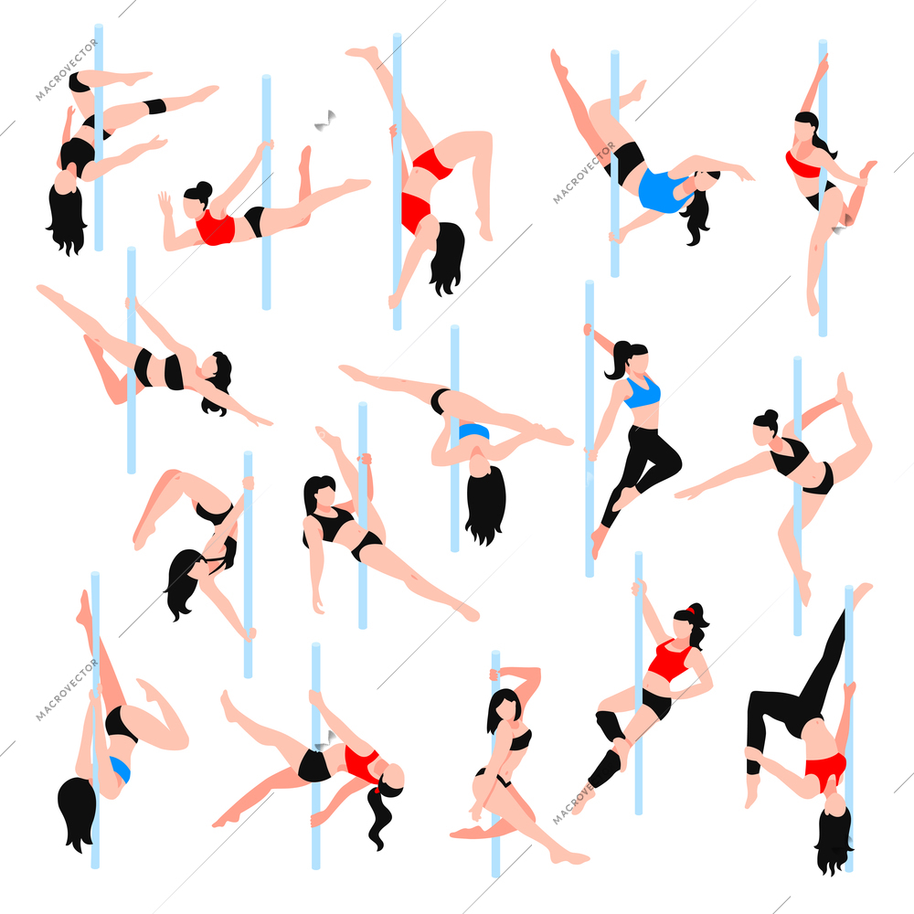 Pole dance isometric icons set with women in various positions in bikini and sportswear isolated vector illustration