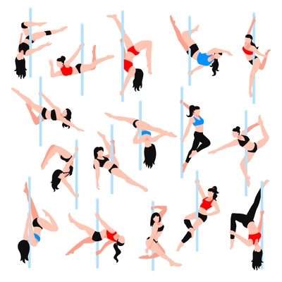 Pole dance isometric icons set with women in various positions in bikini and sportswear isolated vector illustration