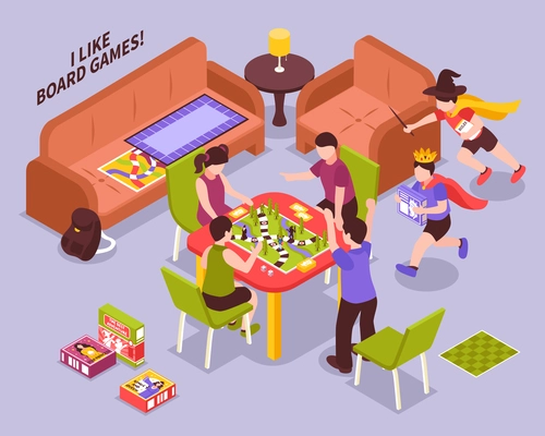 Kids playing board games, boys running in costumes scene on lilac background isometric vector illustration