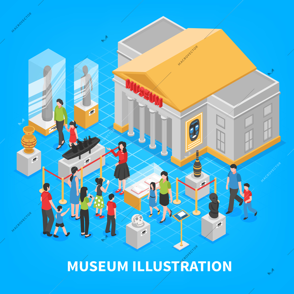 Museum isometric composition with building outside, historical exposition, visitors adults and kids on blue background vector illustration