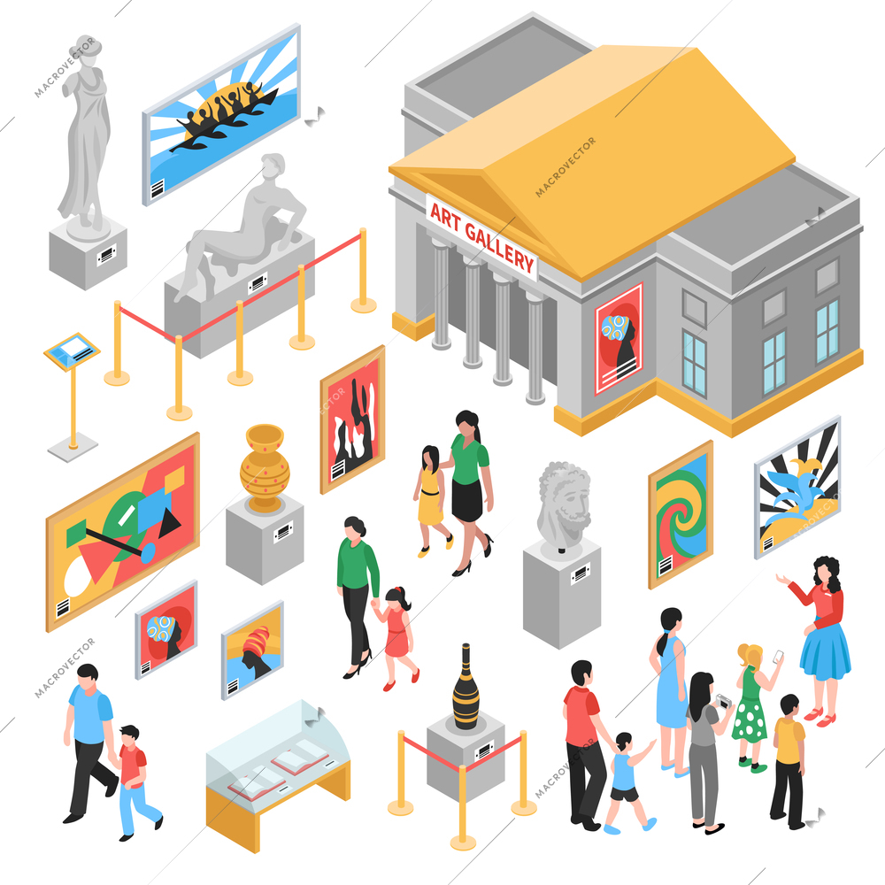 Art gallery isometric icons set  with building outside, pictures and sculptures, excursion for visitors isolated vector illustration