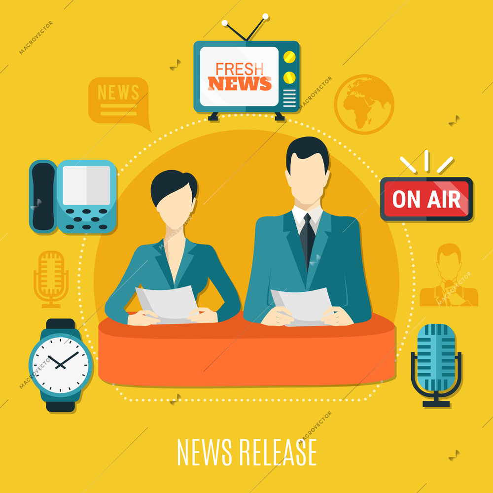 News release design composition with male and female television announcers reading news on air flat vector illustration