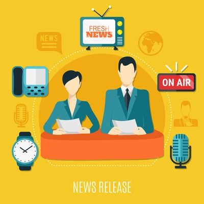 News release design composition with male and female television announcers reading news on air flat vector illustration