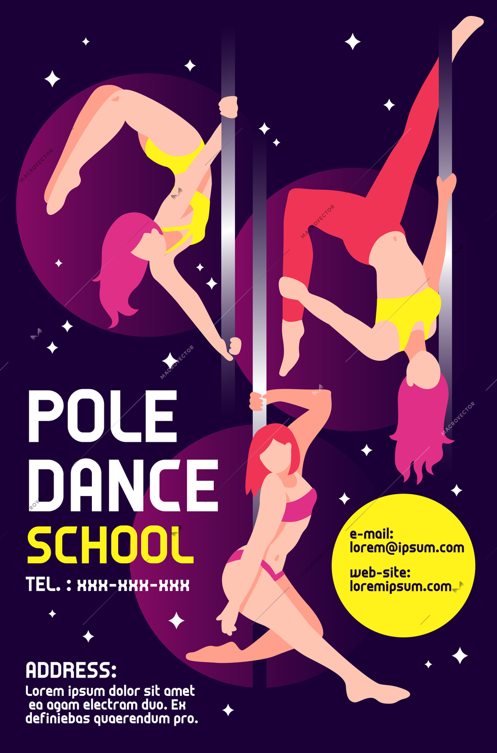 Pole dance school advertising poster with girls in various positions on black sparkling background vector illustration