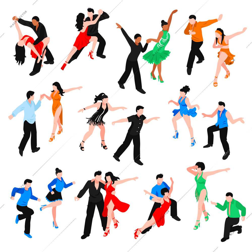Set of isometric people in bright costumes during latin dances salsa, rumba, samba isolated vector illustration