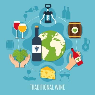 Flat design concept with various wine icons bottle cheese cask corkscrew on blue background vector illustration