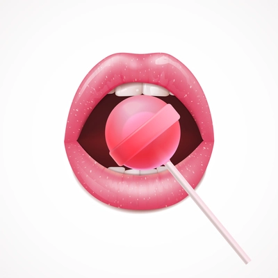 Female shiny lips with crystal round red lollipop realistic composition on white background vector illustration