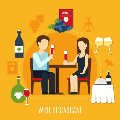 Wine icons and young couple drinking at restaurant on yellow background flat vector illustration