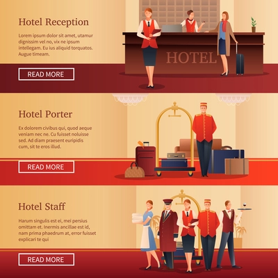 Hotel personnel set of flat horizontal banners with administrator at reception, porter with baggage isolated vector illustration