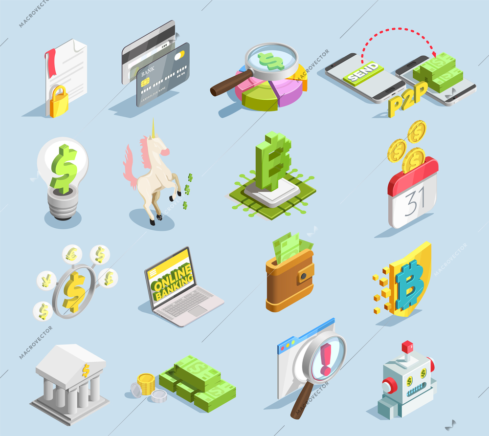 Financial technology isometric set with online banking  credit card stack of banknotes bitcoin mining decorative icons isolated vector illustration