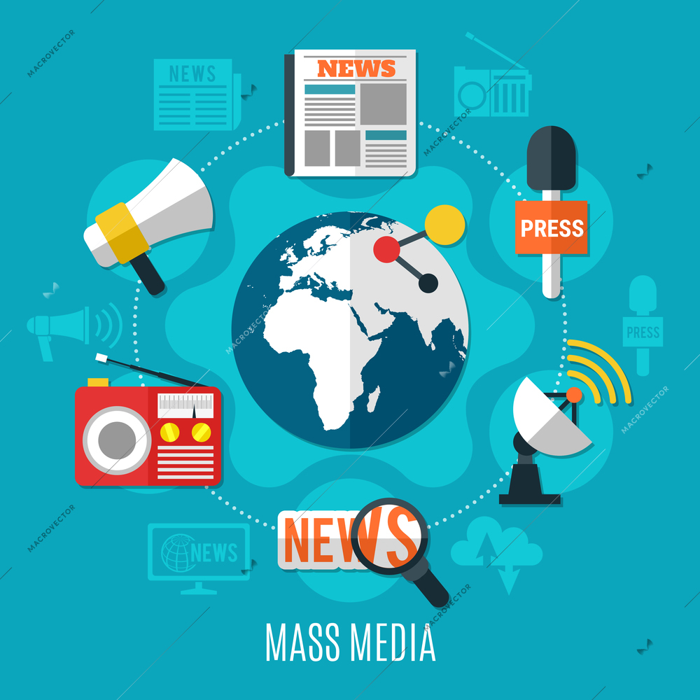 Mass media design concept with world sign in centre and news information icons around flat vector illustration