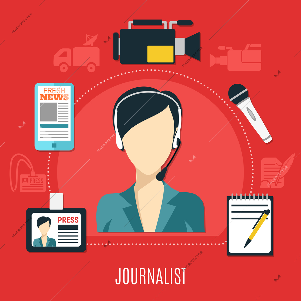 Journalist design concept with set of accessories for creative work so as video camera paper notepad badge pen flat vector illustration