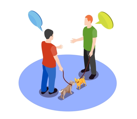 Beloved pets design concept with two men meeting for walk with their dogs isometric vector illustration