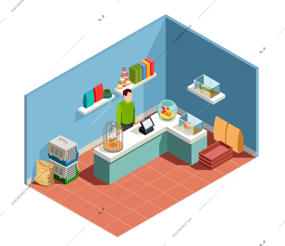 Pet shop isometric composition with goods for pet seller behind counter parrot in cage goldfish in aquarium vector illustration