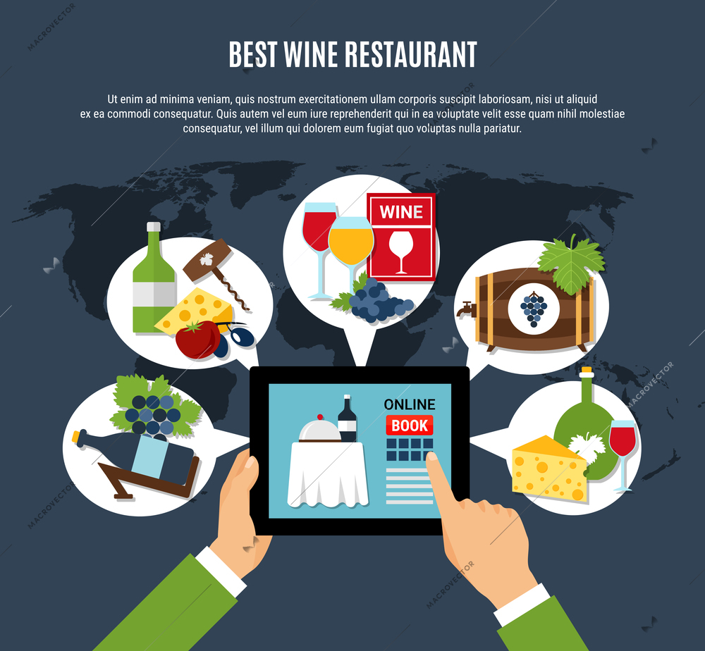 Online booking of best wine restaurant concept on dark background flat vector illustration