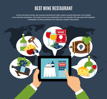 Online booking of best wine restaurant concept on dark background flat vector illustration