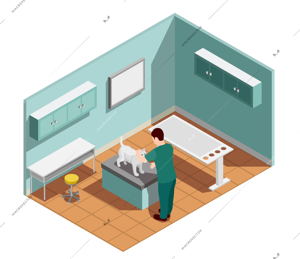 Vet clinic isometric composition with veterinarian in doctors office interior examining sick pet vector illustration