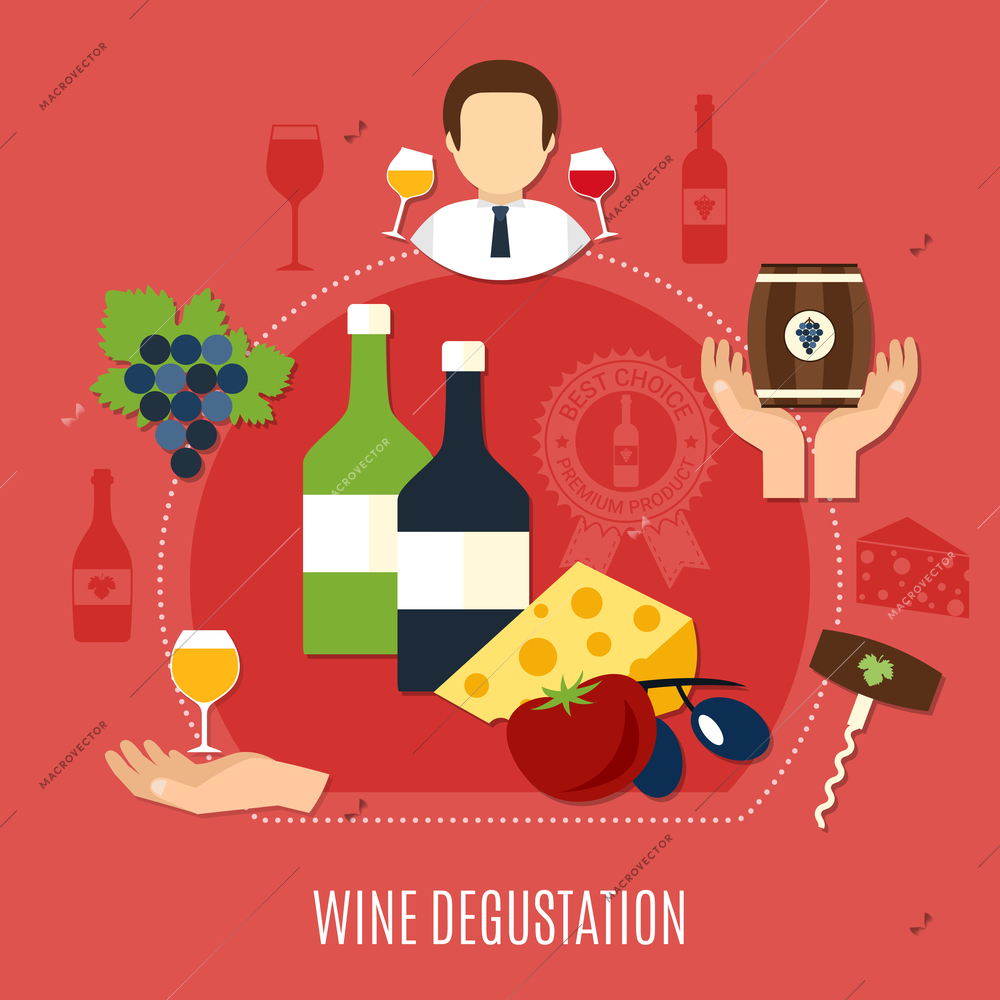 Flat design wine degustation various starters and sommelier concept on pink background vector illustration