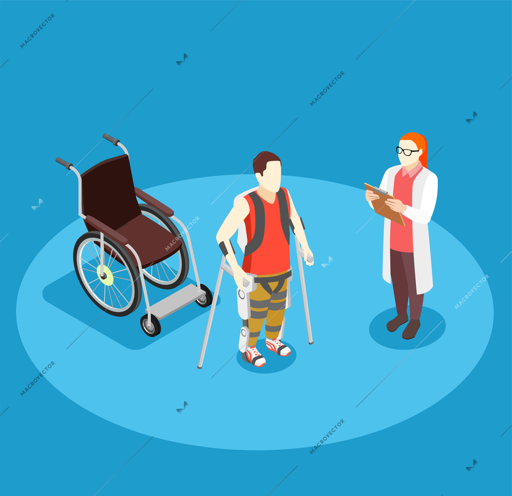 Medical rehabilitation isometric composition with doctor and patient on crutches with bionic prothesis after surgery vector illustration