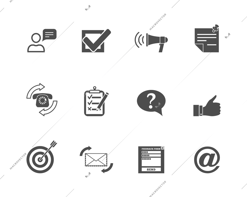 Basic feedback concept  computer symbols black  graphic icons set vector illustration