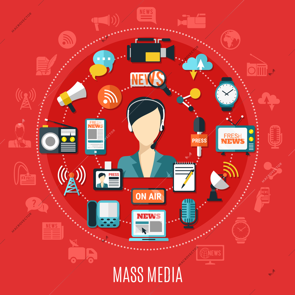 Mass media round design concept with elements of classic and Internet journalism on red background flat vector illustration