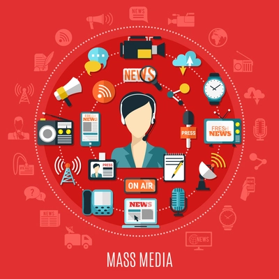 Mass media round design concept with elements of classic and Internet journalism on red background flat vector illustration