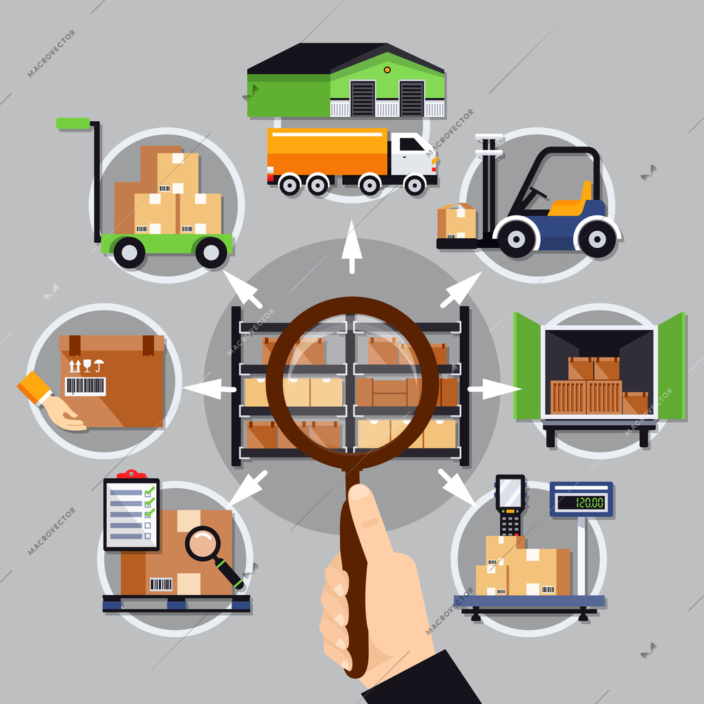 Choice of warehouse composition on grey background with magnifier in hand, logistic services vector illustration