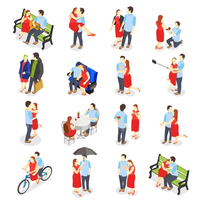 Dating isometric icons with adult couples on date in restaurant walking in park sitting on bench dancing isolated vector illustration