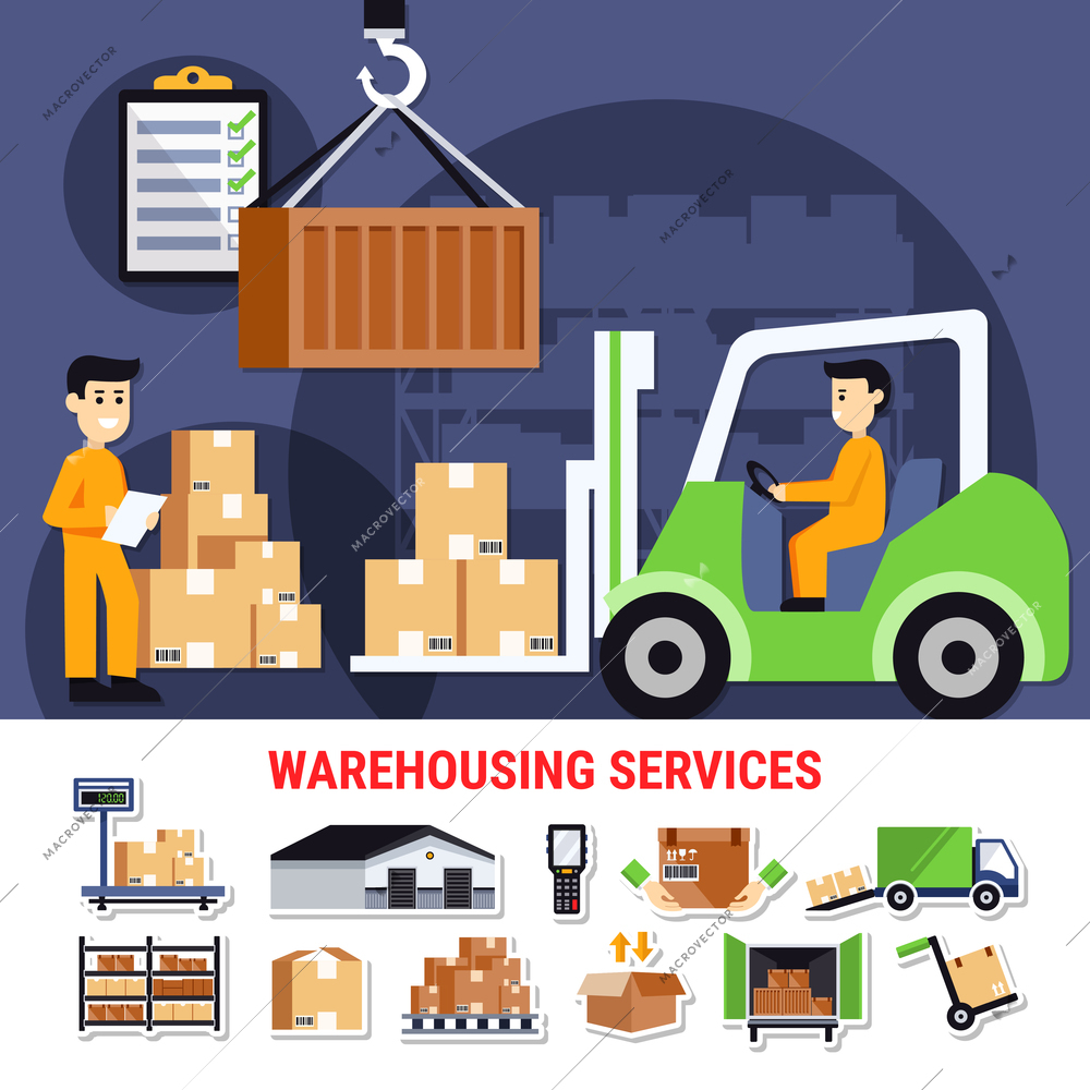 Warehouse icons collection with building outside, shelves with goods, truck with cartons, weight check isolated vector illustration