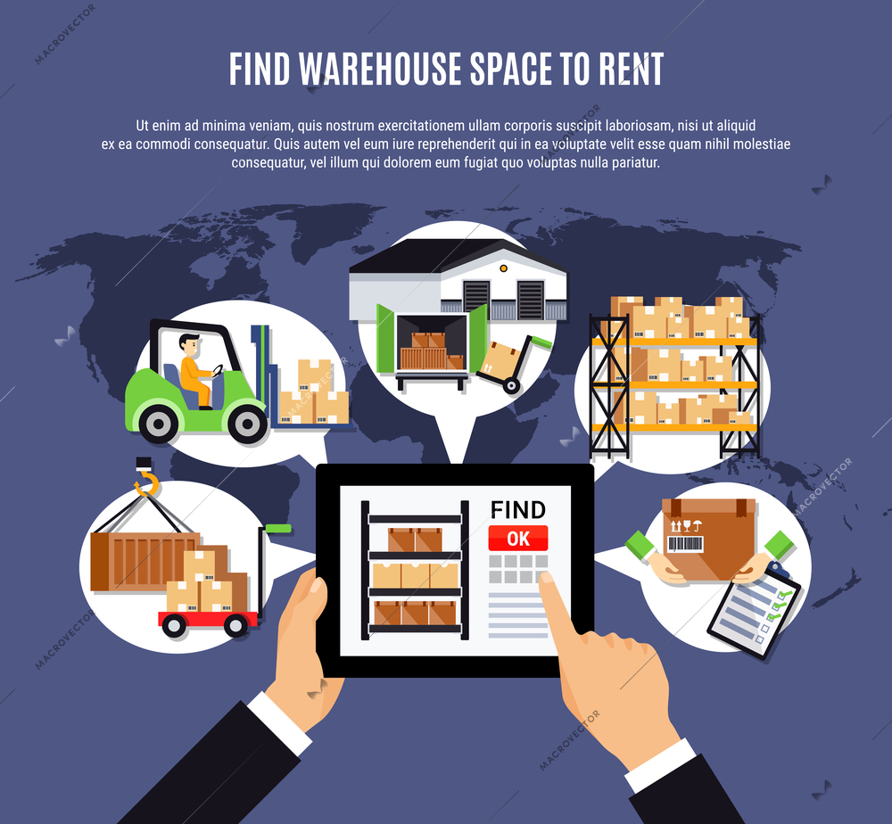 Online search of warehouse for rent  composition on blue background with storehouse operations, world map vector illustration