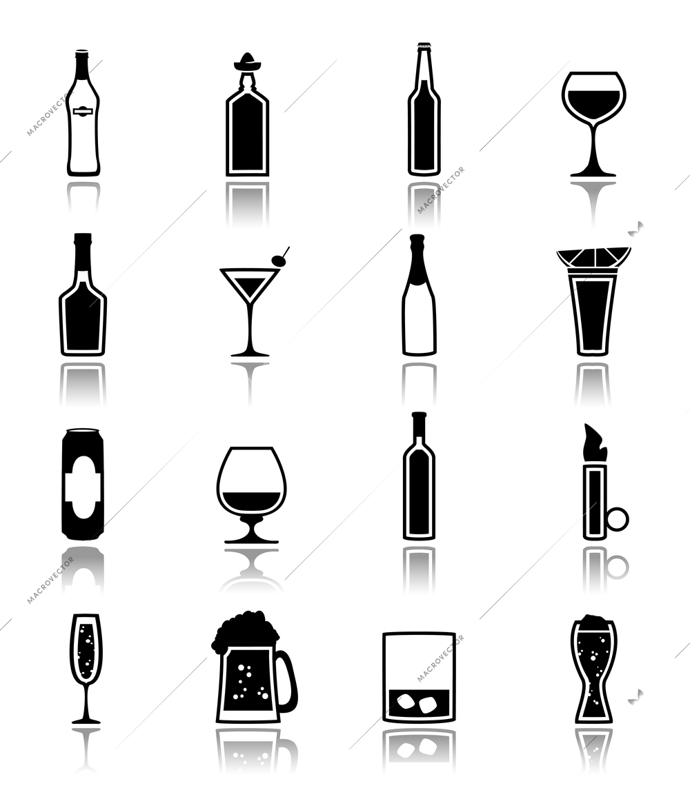 Alcohol drinks bottles and glass icons black set of beer can martini liquor isolated vector illustration.