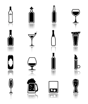 Alcohol drinks bottles and glass icons black set of beer can martini liquor isolated vector illustration.