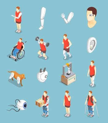 Bionics technology isometric icons set of implants artificial organs and people with prosthesis after injury isolated vector illustration