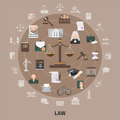 Law icons set of flat isolated juristic images with scales faceless human characters and silhouette pictograms vector illustration