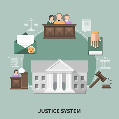 Law composition with set of flat justice system related images court hearing participants human characters and icons vector illustration