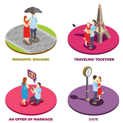 Romantic relationship 2x2 design concept with traveling together offer of marriage date and romantic walking isometric compositions vector illustration