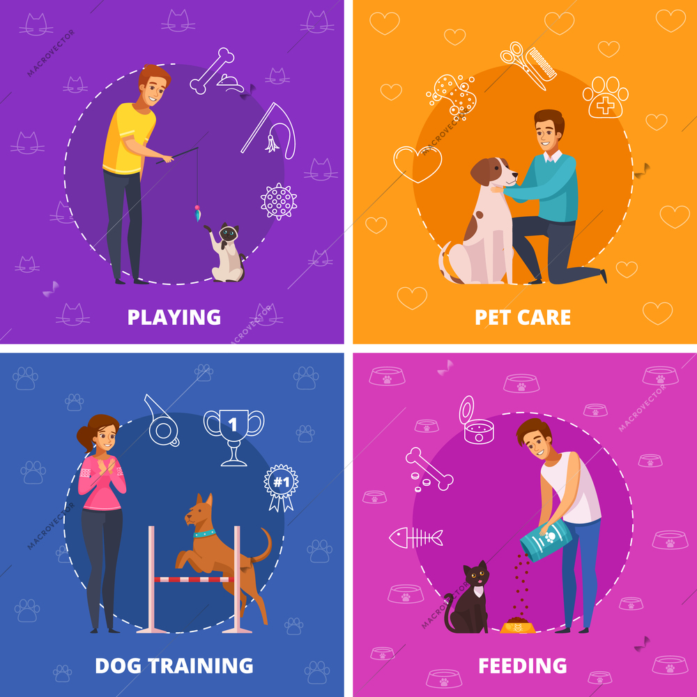 People with pets 2x2 design concept with pet care dog training playing and feeding square icons cartoon vector illustration