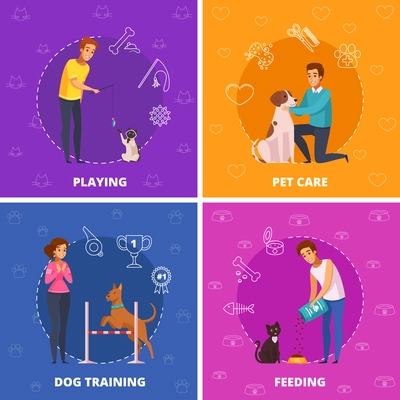 People with pets 2x2 design concept with pet care dog training playing and feeding square icons cartoon vector illustration