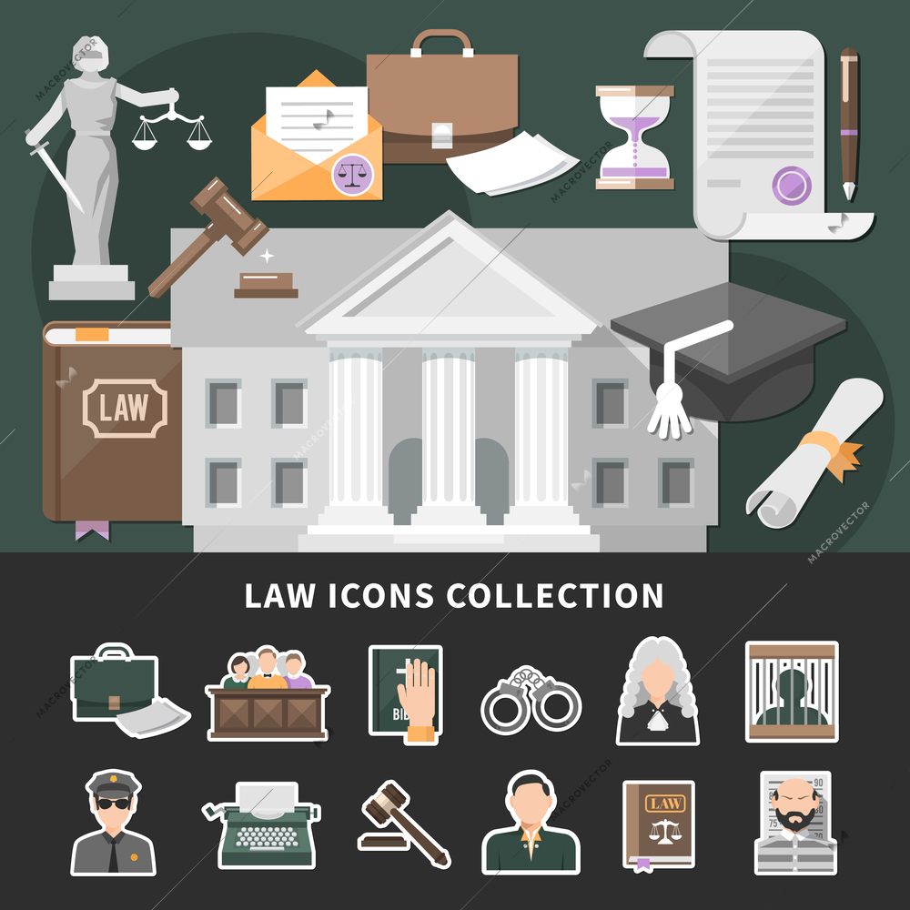 Law icons background with set of isolated emoji style justice icons and flat legal images composition vector illustration