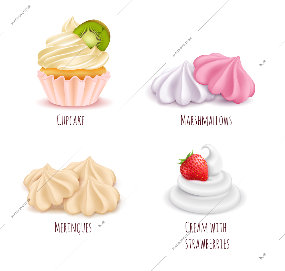 Isolated whipped cream desserts realistic icon set with cupcake marshmallows meringues and cream with strawberries vector illustration