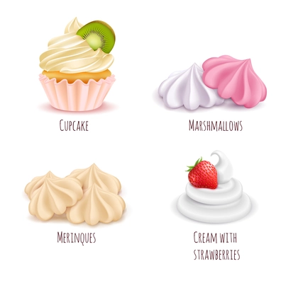 Isolated whipped cream desserts realistic icon set with cupcake marshmallows meringues and cream with strawberries vector illustration