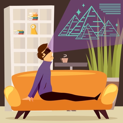 Man on sofa during watching of pyramids in virtual reality orthogonal composition with interior elements vector illustration