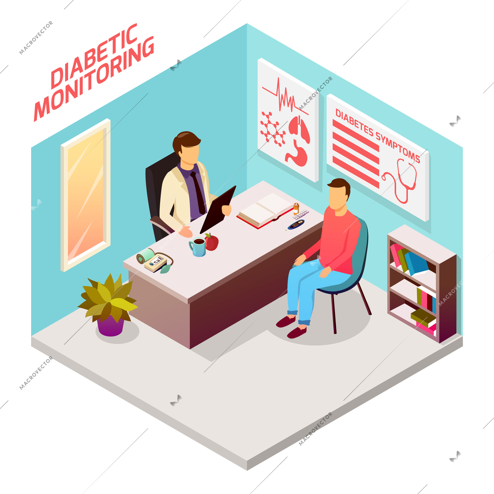 Diabetes control isometric composition with patient on reception at doctor, office interior elements 3d vector illustration