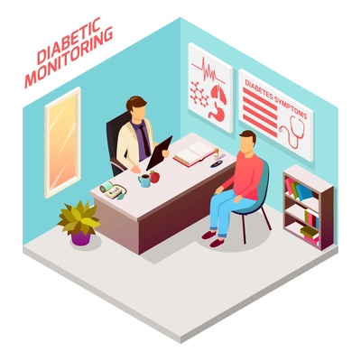 Diabetes control isometric composition with patient on reception at doctor, office interior elements 3d vector illustration