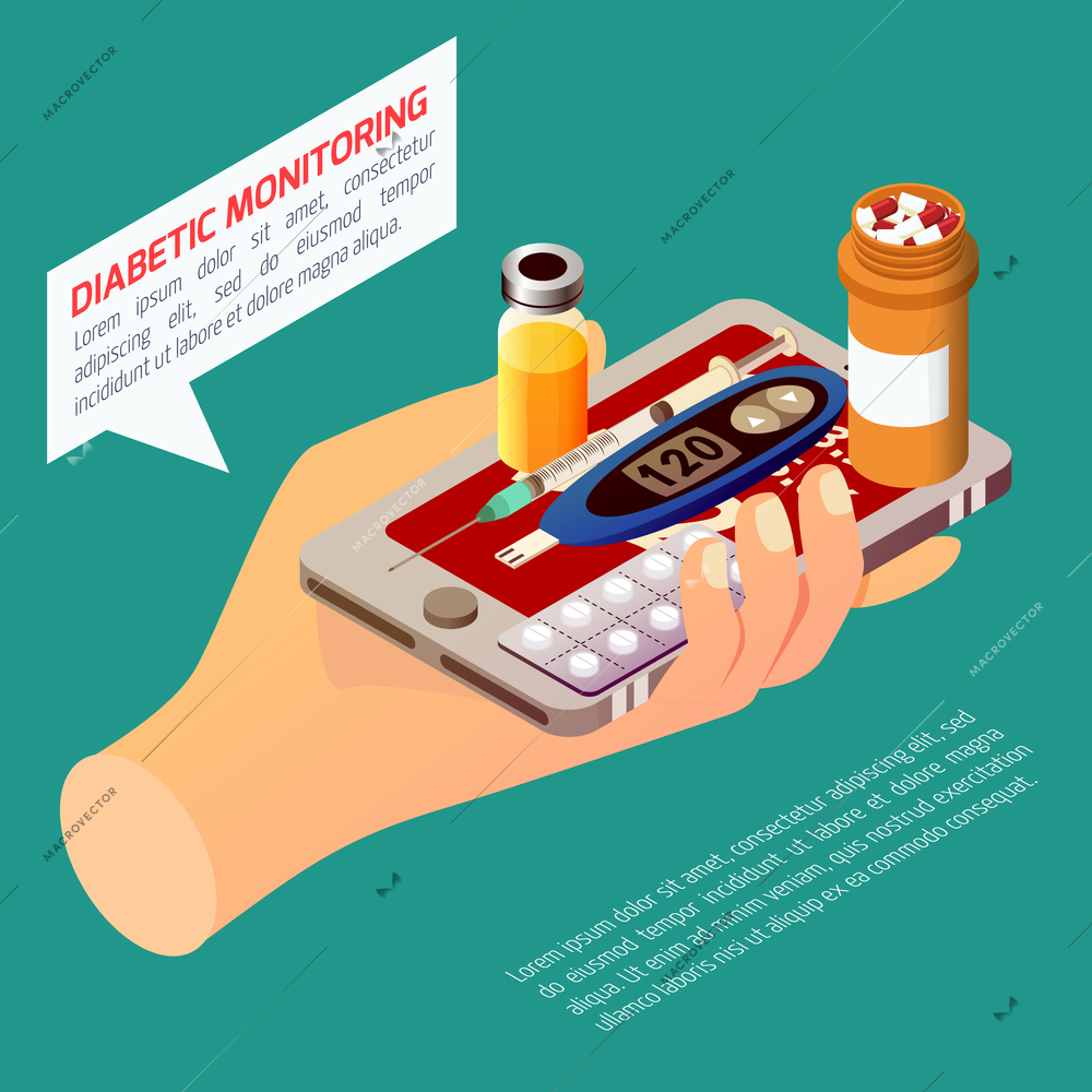 Diabetic monitoring isometric composition with hand holding smartphone, sugar measuring device, medication on turquoise background vector illustration